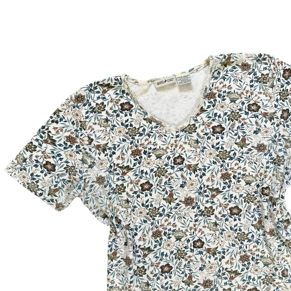 White Stag Floral Top XL Cotton Short Sleeve Casual Cottagecore Vintage Style - Picture 7 of 8